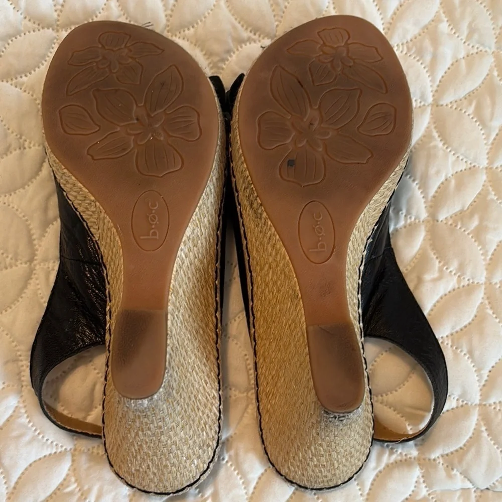 b.o.c. Black Espadrille Slingback 3.5” Straw Woven Heels Shoes Floral Sandals